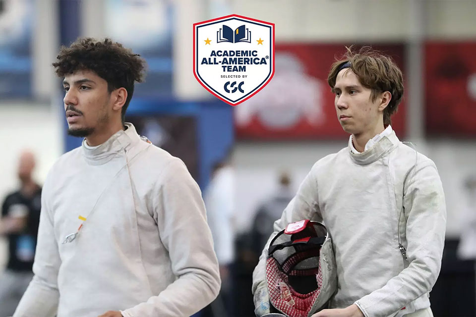 Tony Escueta and Lev BenAvram dressed in fencing gear.