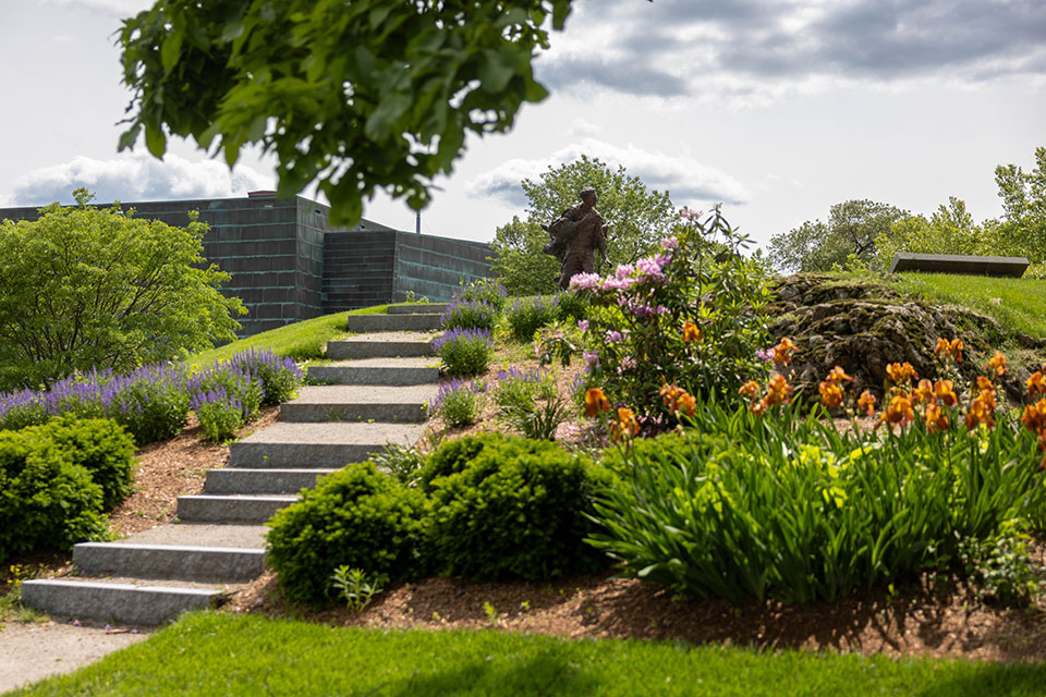 A flower garden on the Brandeis campus.