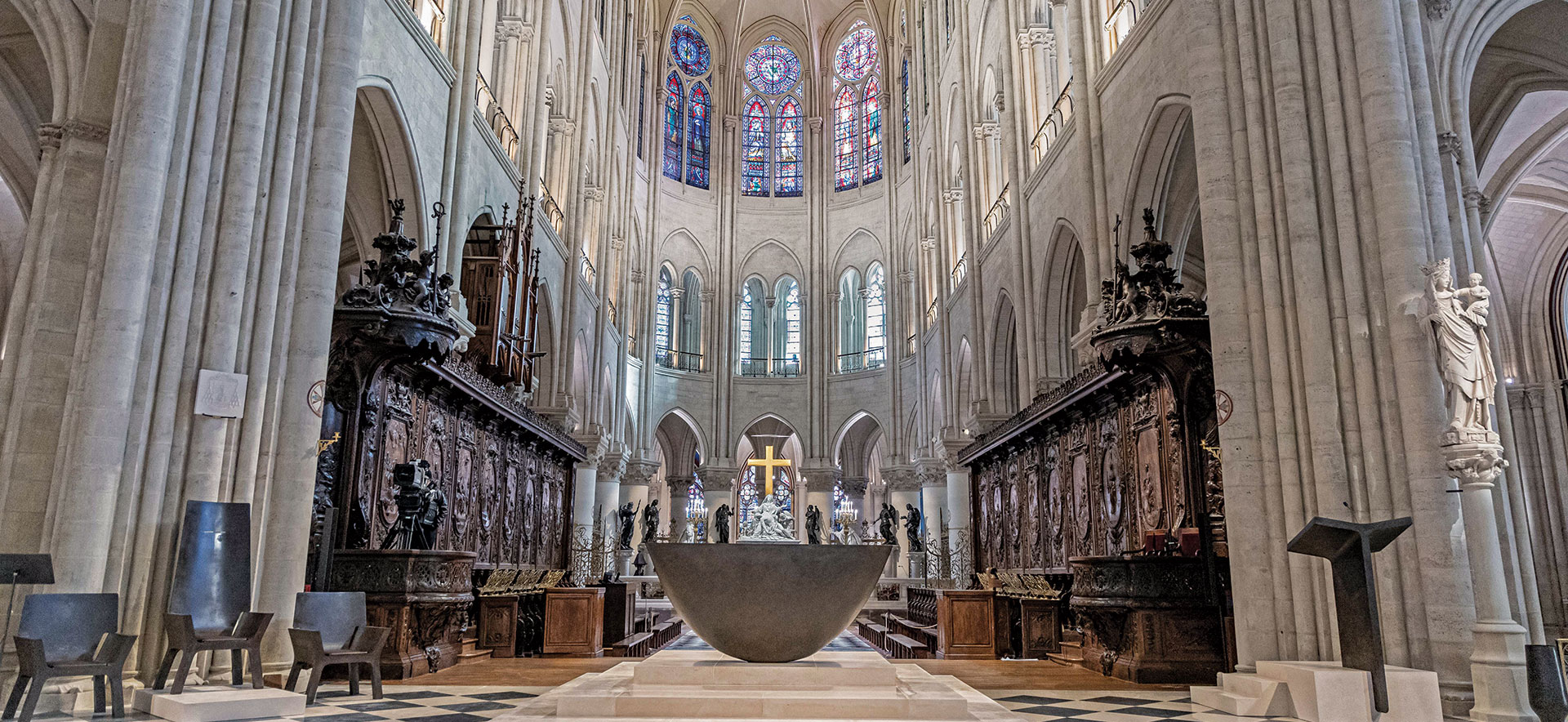 Interior view of the Notre-Dame Cathedral in Paris