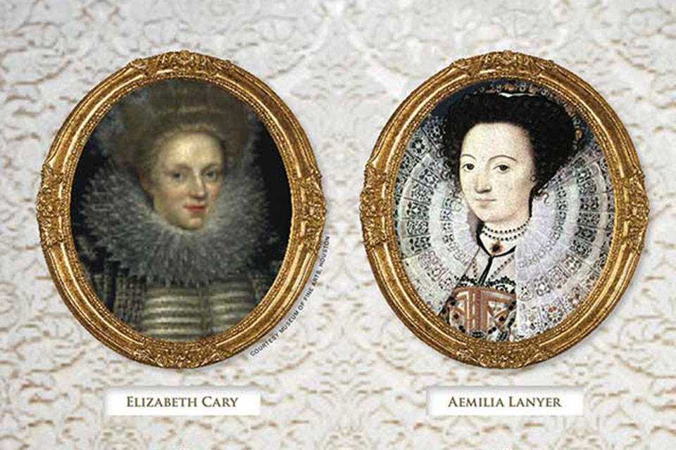 Vintage portraits of Elizabeth Cary and Aemilia Lanyer.