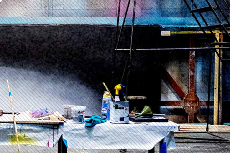 Painting materials and a stage